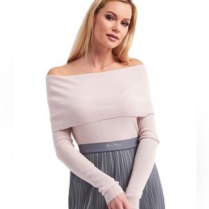 MaxMara Leisure Sweater Lorena Pink Ribbed Off The Shoulder Wool NWT Size XL